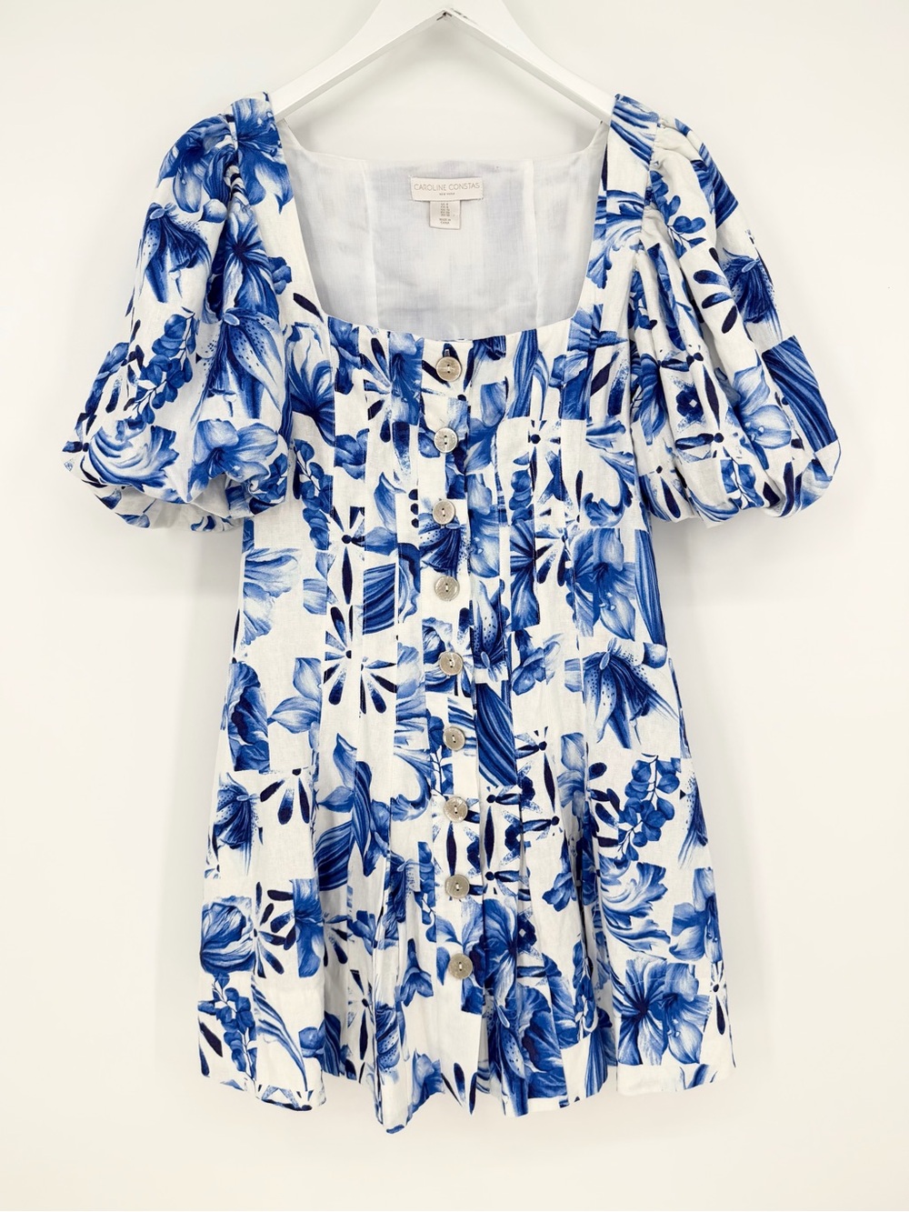 Caroline Constas Floral Blue Bubble Puff Sleeve Button Down Mini Dress
